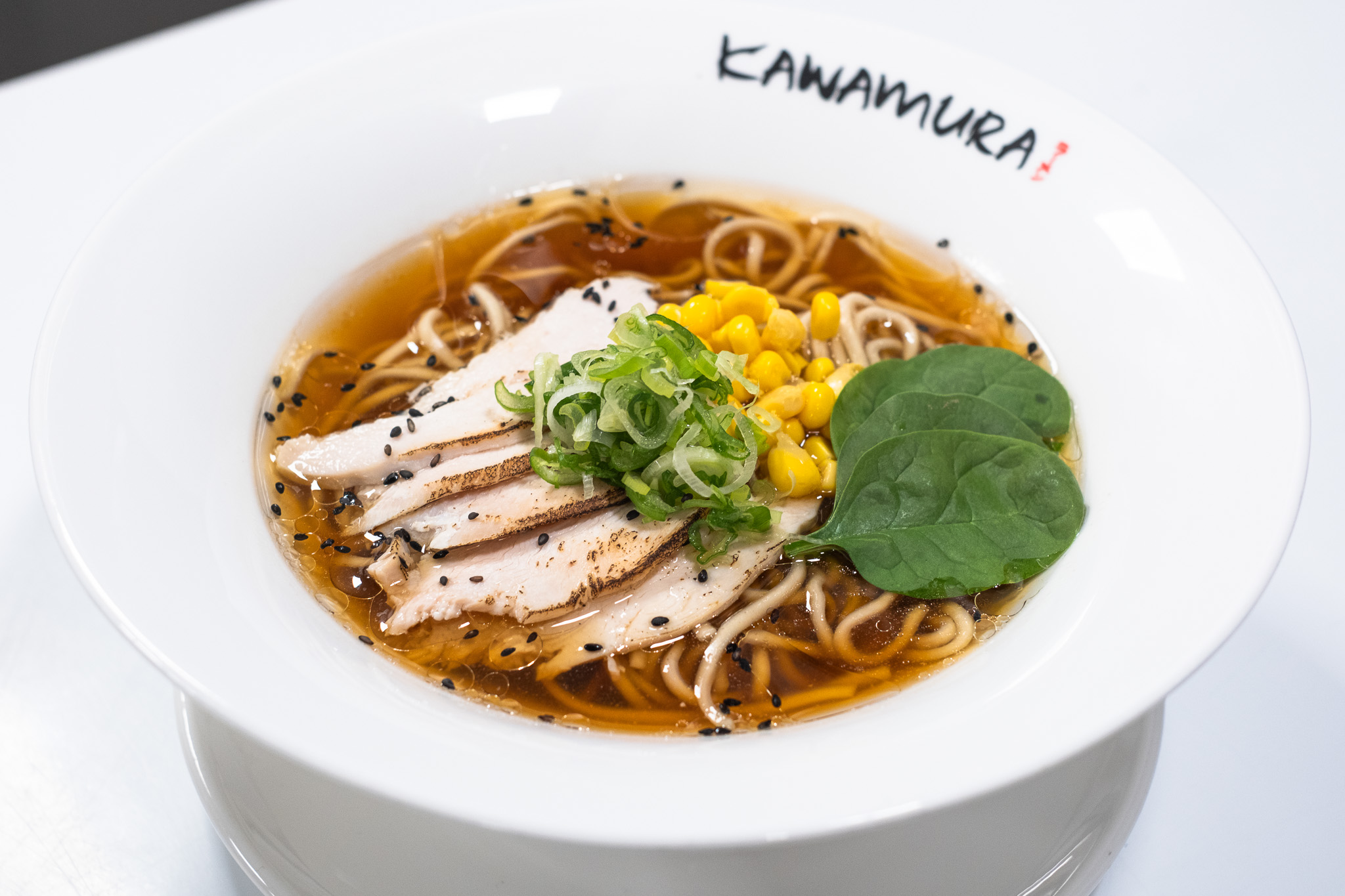 Teriyaki chicken ramen with corn, spinach, sesame, and scallions at Kawamura Ramen Budapest
